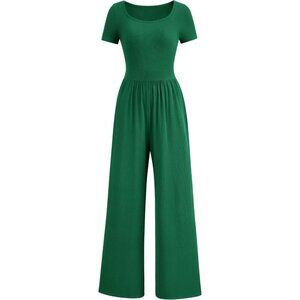 Women's Green Summer Short Sleeve Square Neck Wide Leg Rompers Jumpsuits